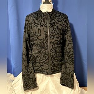 Fabletics Womens XL Paola Puffer Jacket Black Velvet Floral Full Zip Coat  NWOT